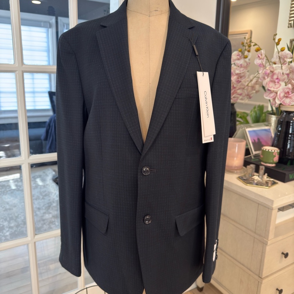 Men’s Slim Fit Stretch Blazer Wool Blend Small Plaid Size 42R - New Calvin Klein